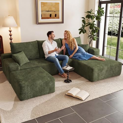 Image of 95 inch Cloud Sectional Couch with Ottoman,Modern U-Shaped Cloud Couch with Deep Seat,Comfy Corduroy Sofa,Memory Foam Sofa for Living Room,No Assembly (Green,Right-Facing Chaise)