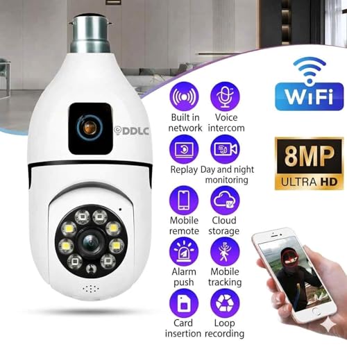 Image of DDLC 4MP /8MP Dual Lens WiFi CCTV Camera for Home | 1080p Full HD | Night Vision | Motion Detection | Two Way Audio | Wireless Home Security Camera with Mobile App V380 Pro (Dual Lens Light Bulb)