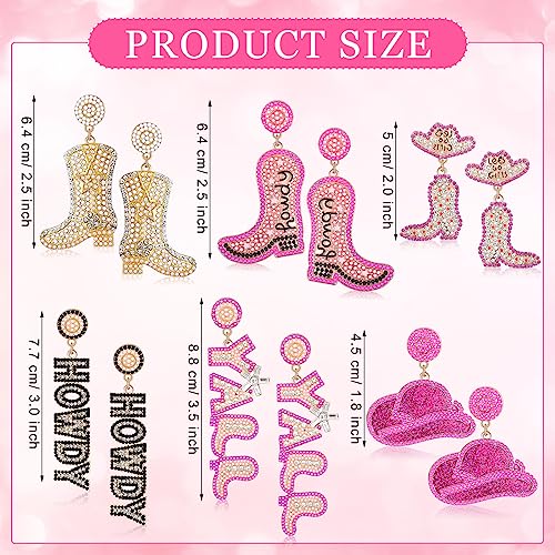 Junkin 6 Pairs Beaded Cowboy Earrings for Women Rhinestone Beads Boot Hat Drop Dangle Earrings Western Earrings2