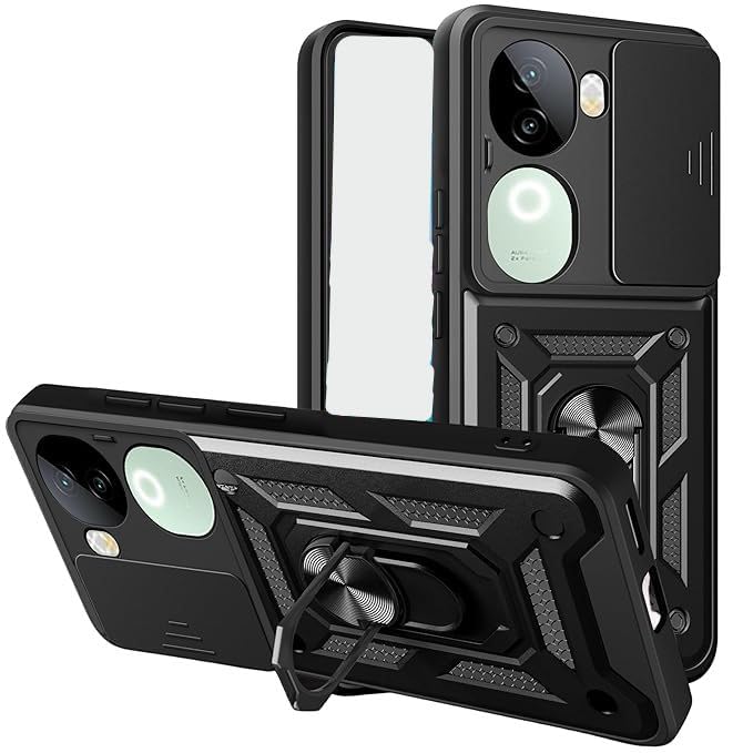 Image of Heavy Duty Phone Case with Camera Slider Cover, Magnetic Ring Holder, Military Grade Protection, Black Compatible with vivo V40E 5G