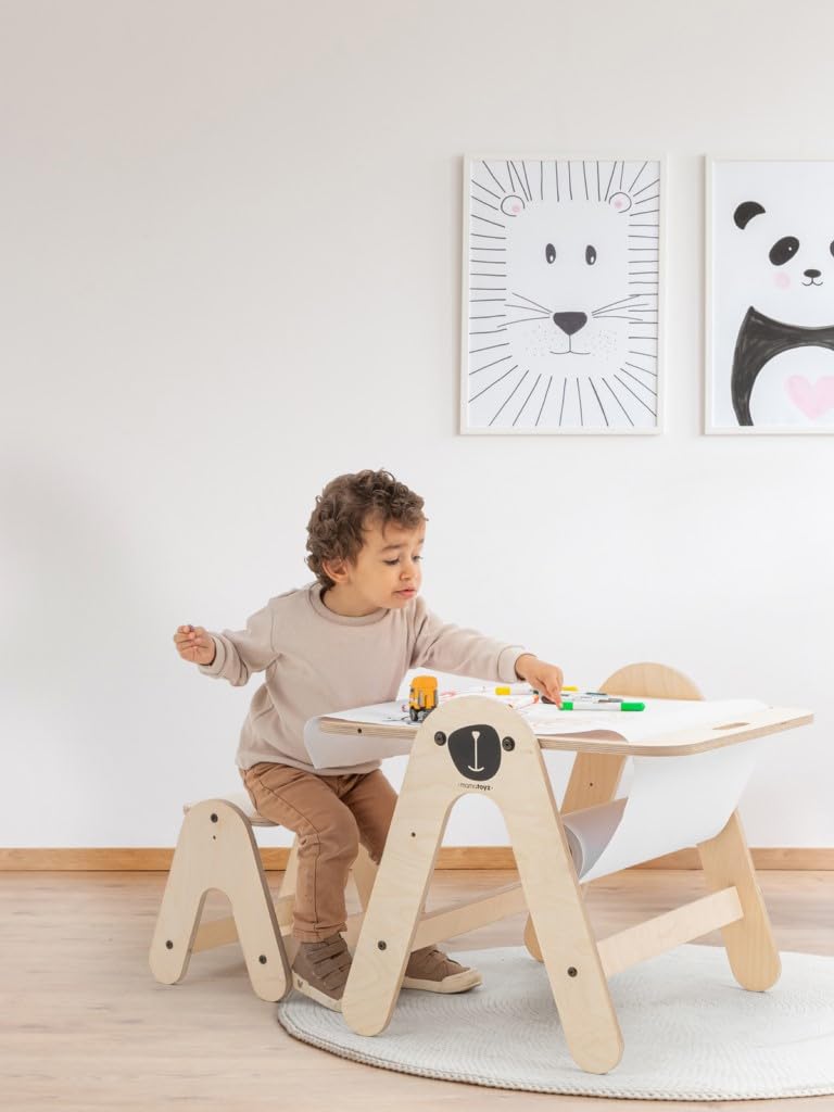 Mamatoyz 01MBE Massam niedźwiedź stół i tablica wielozadaniowe dzieci drewniane wielowarstwowe brzozowe naturalne Montessori z stołkiem i uchwytem rolki papieru do rysowania