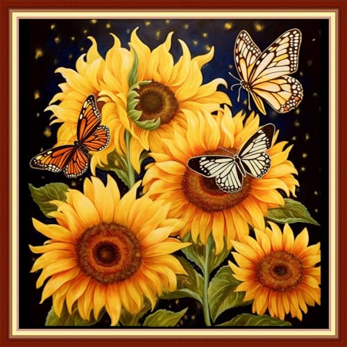 Image of Foxdiviy Stamped Cross Stitch Kits Full Range of Embroidery Needlework Starter Kits for Beginners Adults 11CT Embroidery Patterns Art Crafts DIY Needlepoint Kits-Butterfly Sunflower 18x18 inch