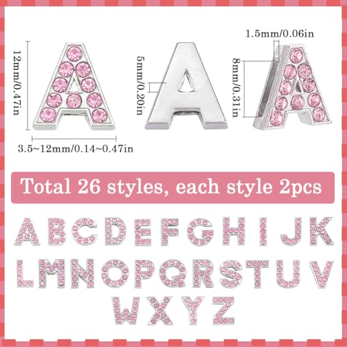 SUNNYCLUE 1 Box 52Pcs 26 Styles Crystal Alphabet Charm Bead 8mm Letter Rhinestone Charms Bulk Pink Metal Alloy Slide Full Rhinestones Art 3D A-Z Beads Charm for jewellery Making DIY Necklace Bracelet - Image 2