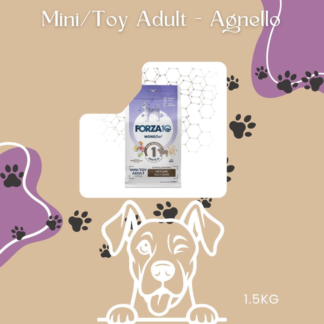 Forza 10 Perro pequeño/Mini Adult Mono sabor cordero alimento completo monoproteico para perros adultos de talla pequeña, hipoalergénico, paquete de 1,5 kg.