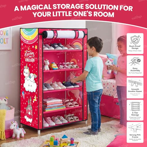 Image of Zest 4 Toyz 5 Shelves Foldable Almirah for Clothes Collapsible Wardrobe Portable Almirah Foldable Racks for Clothes (Unicorn Design)