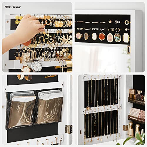 Image of SONGMICS MDF Glass Mirror Velvet Lining Lockable Jewelry Cabinet Armoire Wall-Mounted Storage Organizer With Full-Length Frameless Mirror 14.8 X 3.8 X 42.5 Inches White