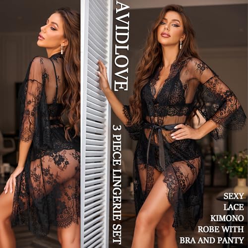 Avidlove Lingerie For Women Lace Babydoll 2 Piece Sexy Bra And Panty Sets Lace Kimono Robe Set Black thumb #1