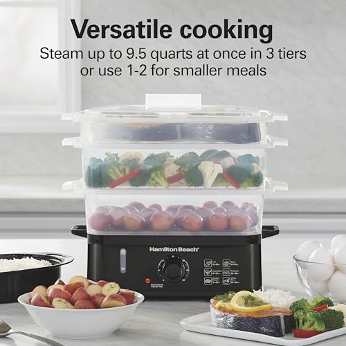 Hamilton Beach Electric Food Steamer, Rice Cooker & Egg Boiler for Quick, Fast Healthy Cooking with Stackable Three-Tier Bowls for Vegetables and Seafood, 9.5 Quarts, Auto Shutoff, Black (37430) by Hamilton Beach - Image 2