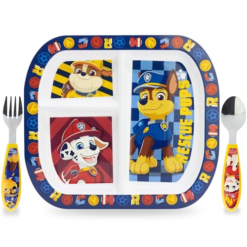 Sorrisini Vaisselle Réutilisable Paw, Assiettes Divisées 3 Pièces, Set Sevrage pour enfants, Assiette et Couverts en Acier Inoxydable, Vaisselle en...