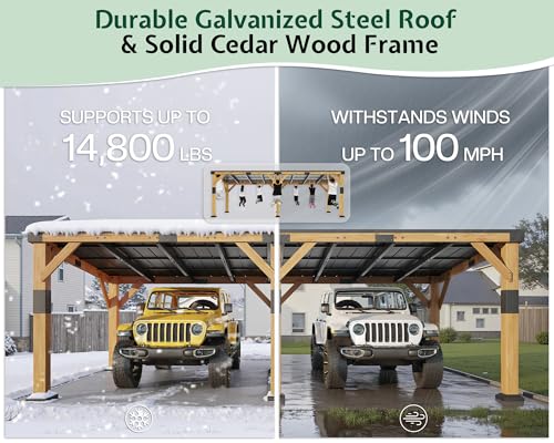 Image of Jocisland 12x24x8.2 FT Cedar Wood Carport for 2 Cars, Heavy Duty Canopy Carport with Sloped Galvanized Steel Roof for All Weather, Permanent Shelter for Full-Sized Pickup Truck, Boat & Tractor