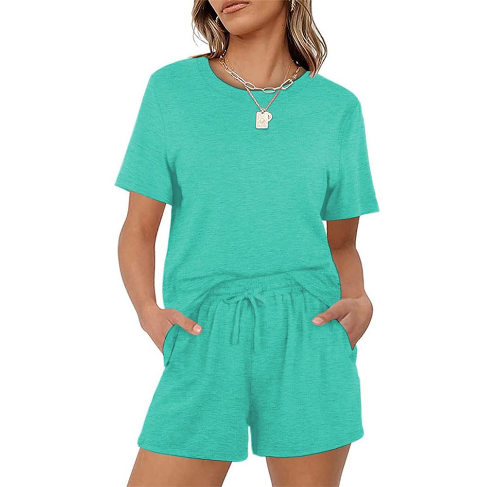 Trainingsanzug für Damen Sommer Sportanzug 2 Teiliges Outfit Einfarbig Kurzarm T-Shirts + Kurze Hose Set Leichtes Freizeitanzug Mädchen Oberteil und Sporthose