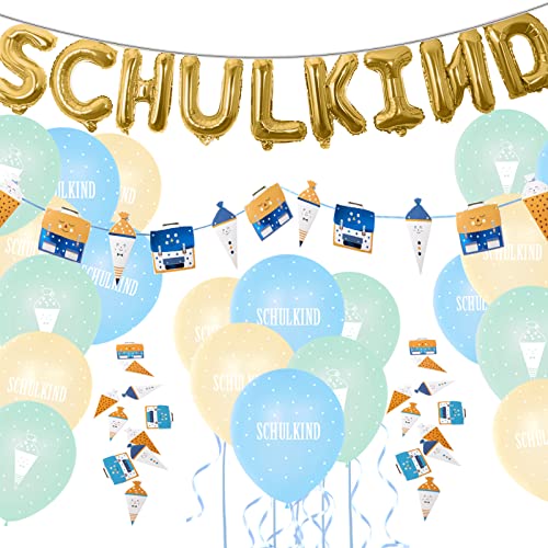 Einschulung Deko Set für Junge, Folienballon Schulkind Girlande + Schultüte und Schulranzen Banner + Schuleinführung Schulanfang Luftballon + Zuckertüten Konfetti Cover