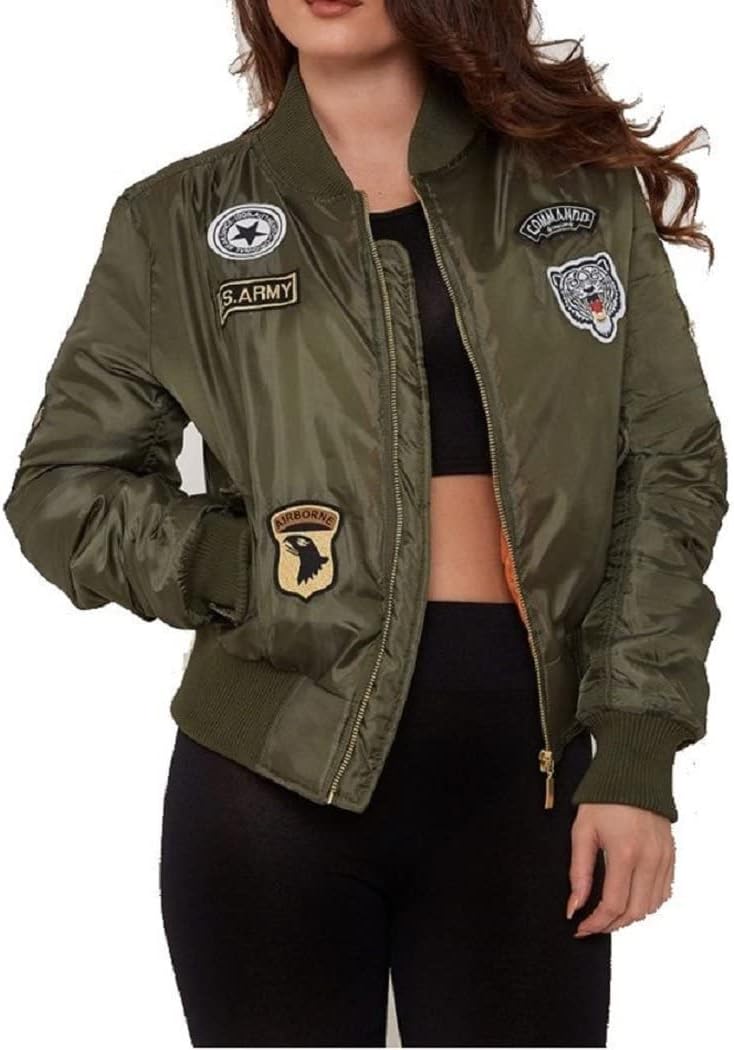 Crazy Girls New Womens Celeb Inspired MA1 Combat Badge Army Vintage Bomber Jacket Coat XS-L