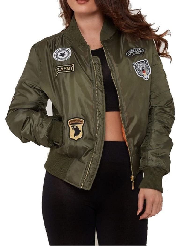 Crazy Girls New Womens Celeb Inspired MA1 Combat Badge Army Vintage Bomber Jacket Coat XS-L