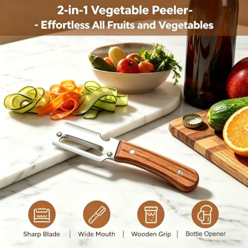 Image of 2-Piece 3-in-1 Multifunctional Vegetable Peeler Set, Stainless Steel Blade with Ergonomic Wooden Handle, Potato & Fruit Peeler, Scallion Shredder and Built-in Bottle Opener Kitchen Tool
