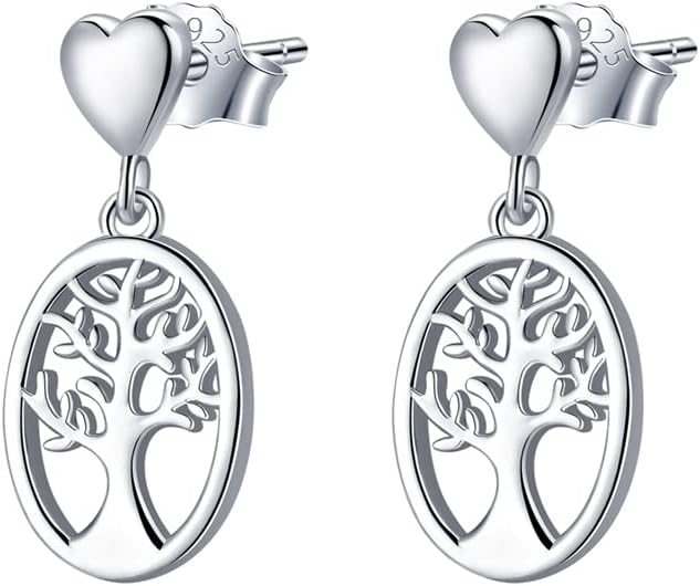 Lydreewam Tree of Life Oval Drop Earrings 925 Sterling Silver Love Heart Earrings Studs for Women Christmas Jewellery Box Packed