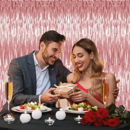 Image of 5 Pack Rose Gold Backdrop Birthday Decorations Foil Curtain Backdrop Bachelorette Party Decorations Rose Gold Party Decor Streamers Groovy Birthday Party Decorations
