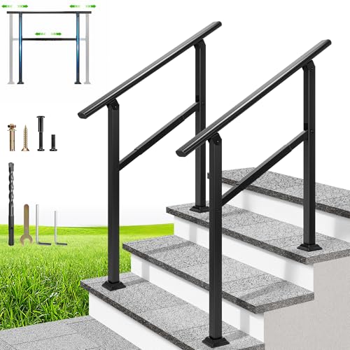 VIVOHOME Adjustable Outdoor Handrails - Durable Galvanized Steel Hand Rail Black Oval Design for Porch Deck & Stairs 2-Pack for 3 Steps