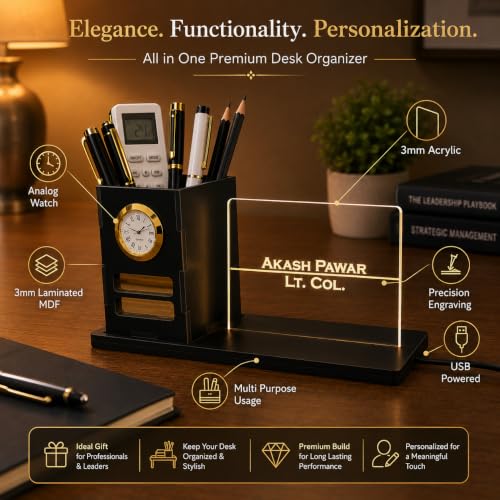 Image of Zesta Wooden Desk Organizer Pen Stand Remote Holder Card Slot | Table Accessory Office Desk Study Room | Pencil Storage Stand Stylish Workspace Decor (Black, Custom Organiser)