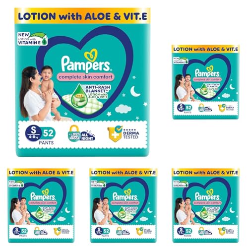Image of Pampers Complete Skin Comfort Pants, (SM) 52 Count, Anti-rash blanket, Lotion with Vitamin E & Aloe Vera, Small size baby diapers, 4-8 kg (Pack of 5)