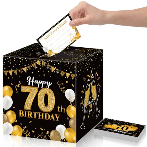 Image of Funrous 70th Birthday Party Message Card Box Cheers to 70 Years Black Gold Advice and Wishes Greeting Card Box for Men Women Birthday Decorations Party Supplies Anniversary Tables Sign Decor