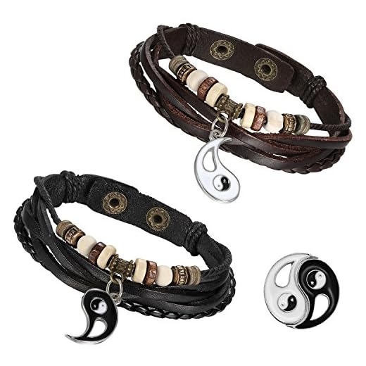 Flongo Män kvinnor 2 st vintage Taichi Yin Yang matchande pärlor läderrem manschettarmband, 22 cm