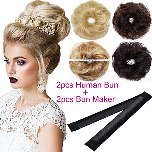 SLLIE 2PCS Human Hair Bun Extensions Messy Wavy Bun Human Hair Scrunchies Scrunchie Curly Chignon Donut Bun Updo Haripiece Bun Ponytail Extension Free Gift 2Pcs Magic Hair Bun Maker for Women