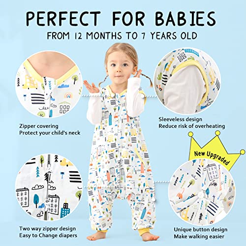 Image of WONDAY Toddler Sleep Sack with Feet, 0.5 Tog Sleeping Sacks for Walking with Legs 12-18 Months 2T 3T 4T 5T (Car, 12-24 Months)