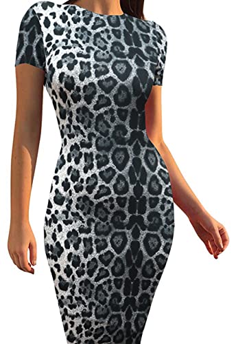 Image of Women's Long Bodycon Dresses Leopard Print Casual Maxi Club Party Tight Dress Short Sleeve