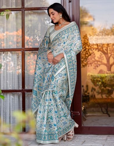 Image of SIRIL Women's Cotton Printed Saree with Unstitched Blouse Piece