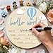 Xyndrella Baby Announcement Sign with Pen, 5.9 Inch Wooden Hello World Newborn Sign for Hospital, 3D Birth Announcement Board, Welcome Baby Name Signs for Nursery, Newborn Boy & Girl,Blue Balloon