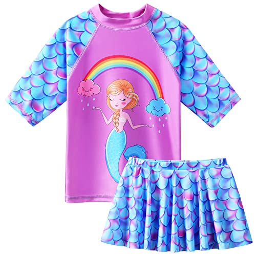 ZNYUNE Kinder Badeanzug Mädchen Zweiteiliger Badeanzug Stoffdruck Kurzen Ärmeln + Hosenrock Badebekleidung Schwimmanzug S374 ScalePurple 12A Cover