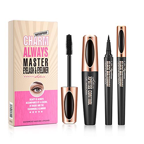 4D Silk Fiber Mascara & Eyeliner Set, Long-lasting All Day, Smudge-Proof, Waterproof, Adds Length, Depth and Glamour Effortlessly, Best Cosmetics for Eye Makeup