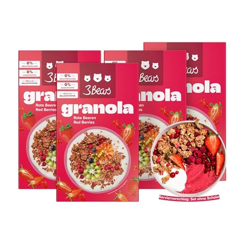 3Bears Granola – Red Berries | Knuspriges & veganes Granola mit Erdbeeren und Johannisbeeren, 4x325g | Ohne Industriezucker | In Kooperation mit Sarah Harrison