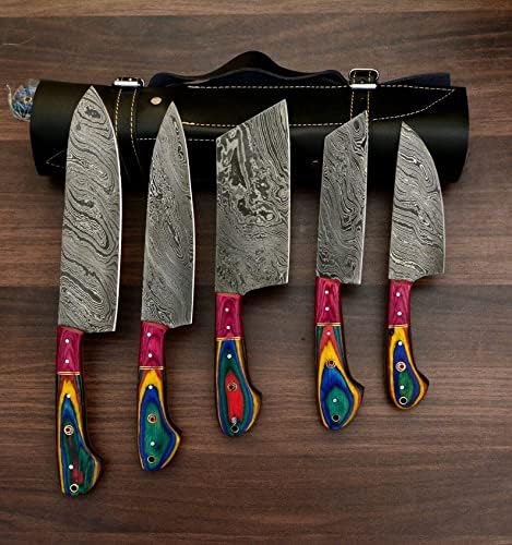 Handmade Damascus Chef set Of 5pcs With Leather Roll Bag,Kitchen Knife,Damascus Knife Set,Kitchen knives set,Beautifull Multi Colour Wood Handle Gift For Him