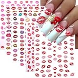 6 Sheets Valentines Day Nail Art Stickers Sexy Lip Nail Decals 3D Self-Adhesive Colorful Lips Nail Supplies Red Lip Heart Love Nail Design Pink Red Heart Lips Manicure Accessories for Women Nail Decor