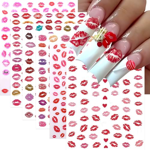 6 Sheets Valentines Day Nail Art Stickers Sexy Lip Nail Decals 3D Self-Adhesive Colorful Lips Nail Supplies Red Lip Heart Love Nail Design Pink Red Heart Lips Manicure Accessories for Women Nail Decor