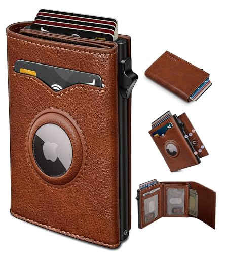 Airtag Wallet for Men,with Cash Pocket 2 ID Window 9-12 Cards,Metal Case Smart Slim Pop Up Credit Card Holder Flip with Magnetic Closure RFID Blocking Trifold wallet with Gift Box