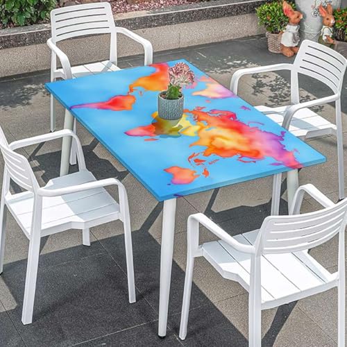 IAJKVAENR Watercolor World Elastic Fitted Tablecloth for Rectangle Tables Continents Oceans Waterproof Picnic Table Cover for Indoor, Outdoor, Camping for 4 Foot Tables Blue Orange Purple