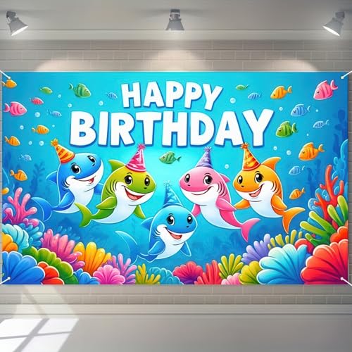 Image of HOMETITUTE Shark Birthday Party Decorations Ocean World Shark Family Happy Birthday Banner Ocean Decorations 71x43 Inch Underwater Coral Reef Party Backdrop Tropical Fish and Sea Life Decorations