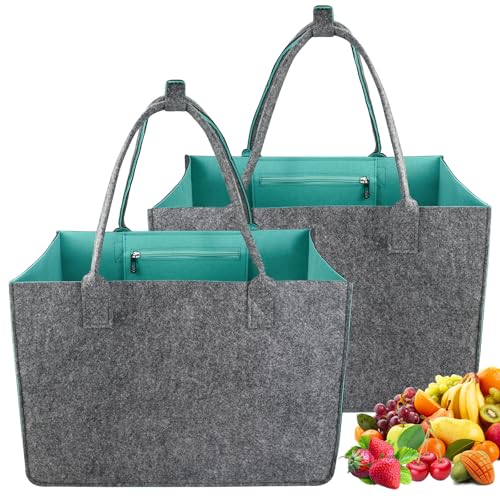 2 bolsas de fieltro grandes para la compra, bolsa de la compra plegable con compartimentos y bolsillo interior, ideal como bolsa para leña, cesta para periódicos, bolsa para carrito de la compra