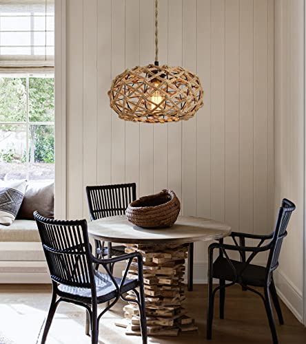 AMZASA Boho Pendant Light Rustic Hand-Woven Hemp Rope Cage Basket Rattan Hanging Lamp Wicker Coastal Retro Light Fixtures for Hallway Entryway Kitchen Island Dining Room - Image 6