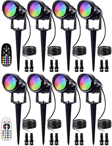 SUNVIE Christmas 12W RGB Color Changing Landscape Lights Low Voltage LED Landscape Lighting Remote Control Spotlight Waterproof Garden Pathway Christmas Decoration Outdoor, 8 Pack with Connector