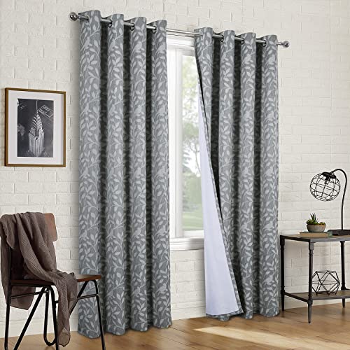 Always4u Design Cortinas florales con ojales totalmente forradas, con textura de hojas grises, para sala de estar o dormitorio, 1 par de hojas grises de 116 x 182 cm Cover