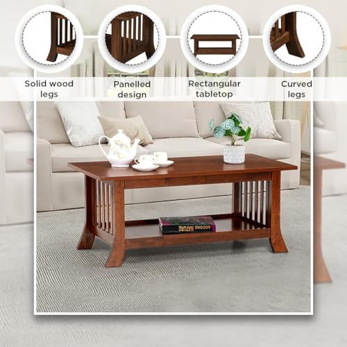 Image of Royaloak Melaka Malaysian Wooden Coffee Table | Solid Wood Veneer Top | Curved Legs for Sophisticated Style | Bottom Shelf for Extra Storage | Elegant & Functional Living Room Cofee Table Wooden