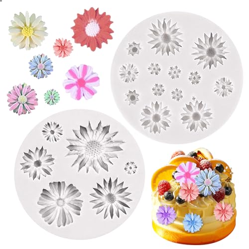 LUMOOM 2 moldes de silicona con diseño de margaritas y flores, moldes de silicona para fondant, 3D de silicona para flores de verano, moldes de flores para cupcakes, decoración de tartas