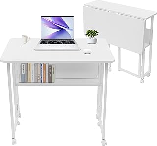31.5" Mobile Folding Desk with Wheels, Small Foldable Desk for Small Spaces, Computer Table Writing Workstation for Home Office, Easy Assembly, White