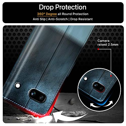 Image of FLIPPED Vegan Leather Flip Case Back Cover for Google Pixel 6A (Flexible, Shock Proof | Hand Stitched Leather Finish | Card Pockets Wallet & Stand | Blue with Aquamarine)