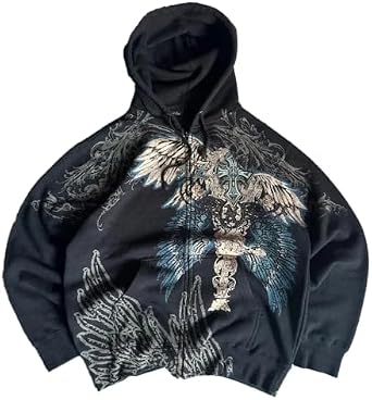 Mens Gothic Y2K Zip Up Hoodies Punk Grunge Oversized Hooded Top Vintage Graphic Streetwear Hoodie With Pocket