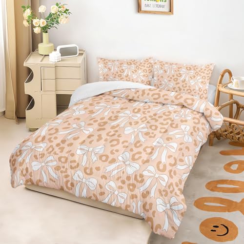Image of AILONEN Nude Leopard Comforter Queen 3 Piece Coquette Bowknot Bedding Ultra Soft Microfiber Quilted Duvet Alternative Master Bedroom Decor Vibrant Beige Blanket 2 Cases
